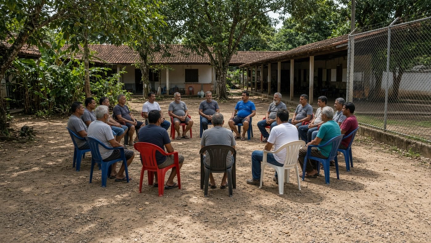 Homens sentados em roda, num sítio cercado, diante de um alojamento.