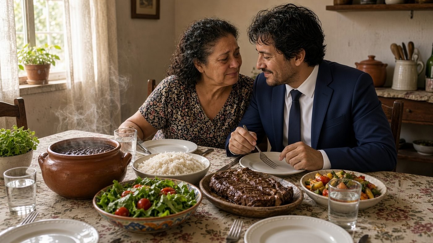 Mãe e filho sentados à mesa, almoçando juntos numa cozinha simples.