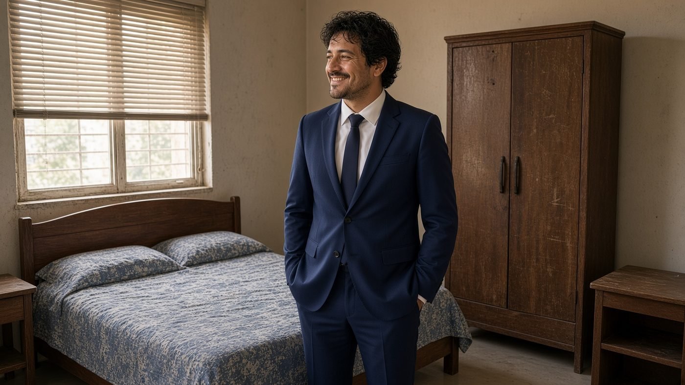 Homem de terno, sorrindo, no mesmo quarto que antes estava fechado. A janela está aberta.