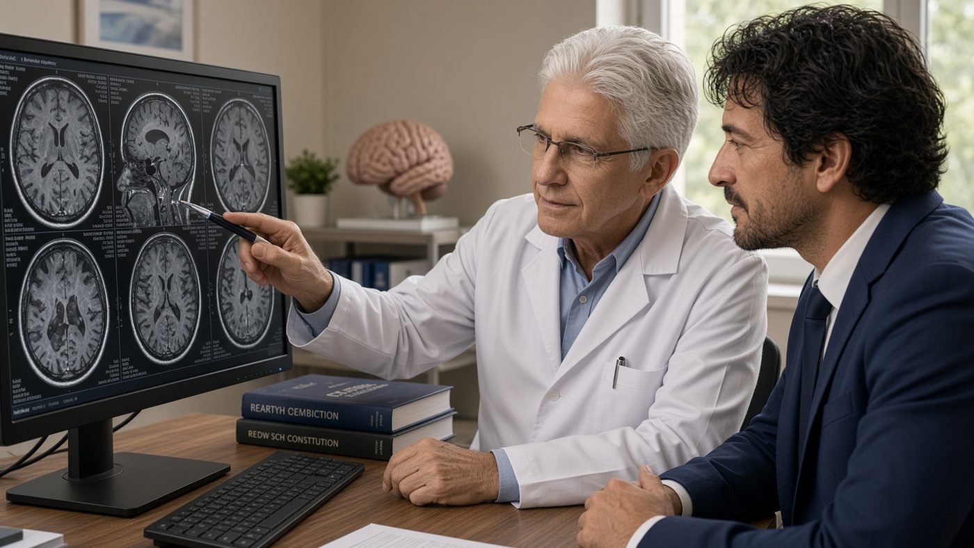 Médico aponta exames de ressonância do cérebro para um homem sentado ao lado.