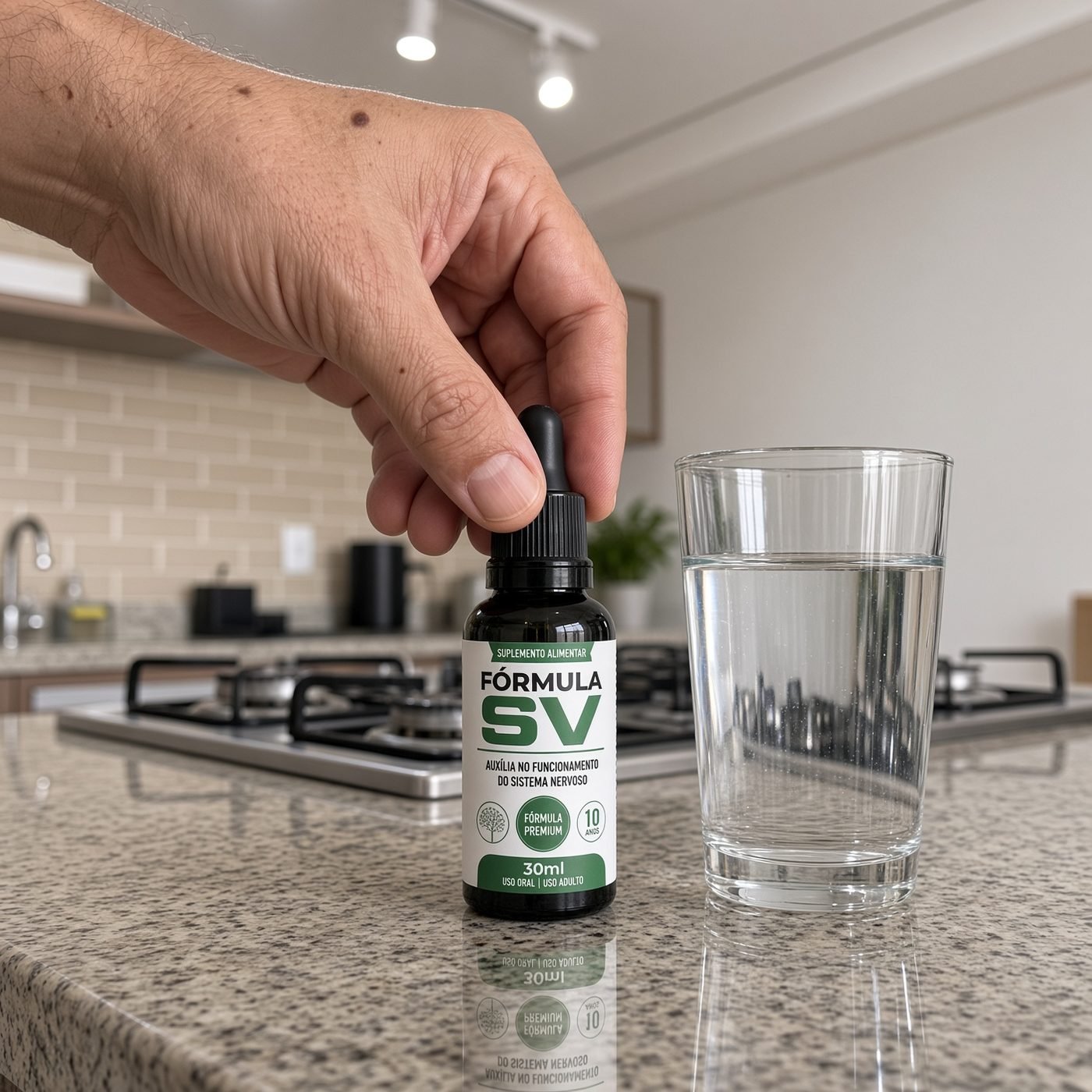 Frasco da Fórmula SV, 30 ml, sobre a bancada da cozinha, ao lado de um copo de água.