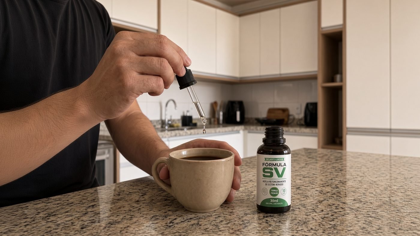 Mão pingando a Fórmula SV numa xícara de café, com o frasco ao lado, na bancada da cozinha.