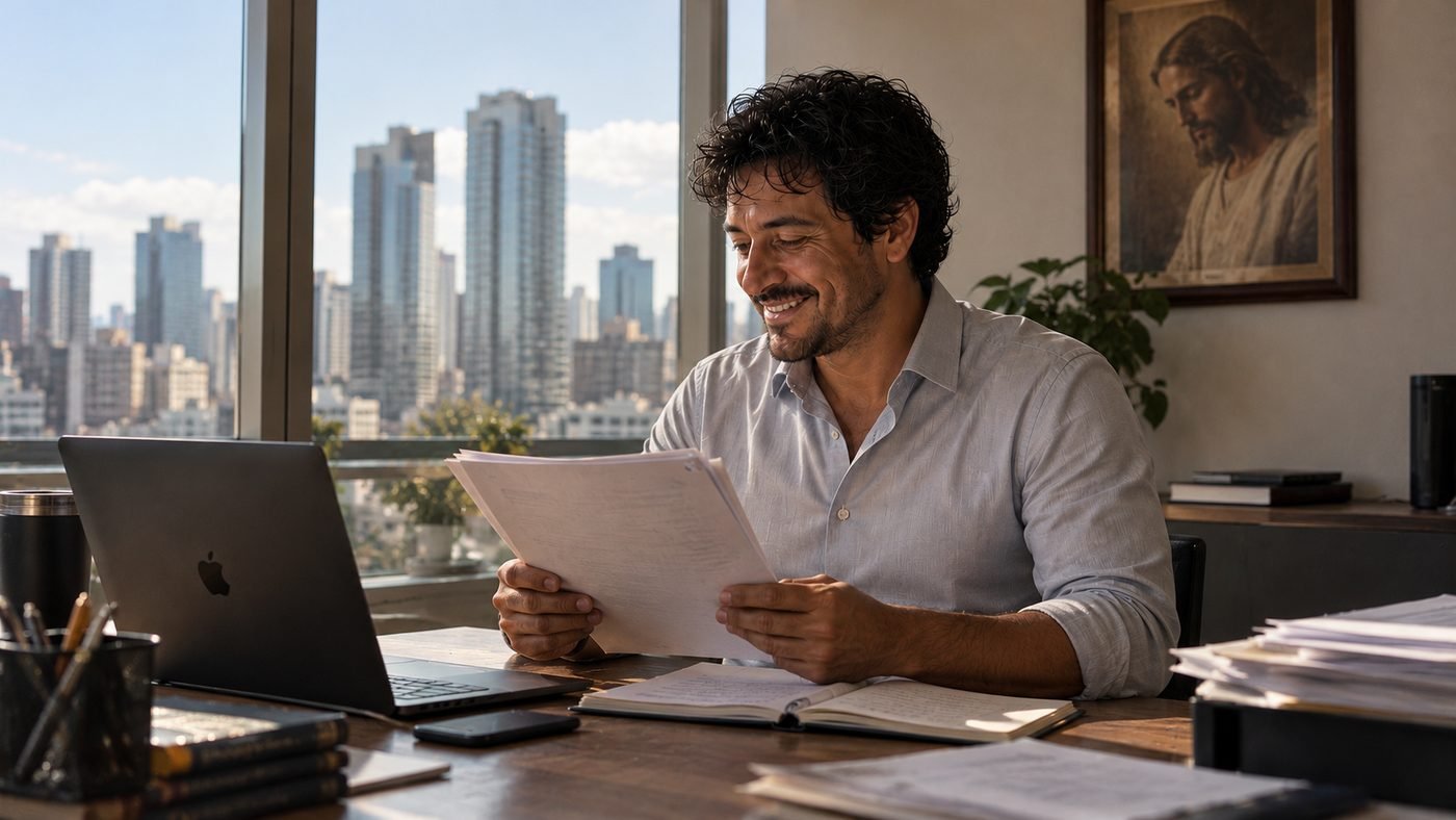 Homem no escritório, sorrindo, lendo papéis diante da janela e de um notebook.
