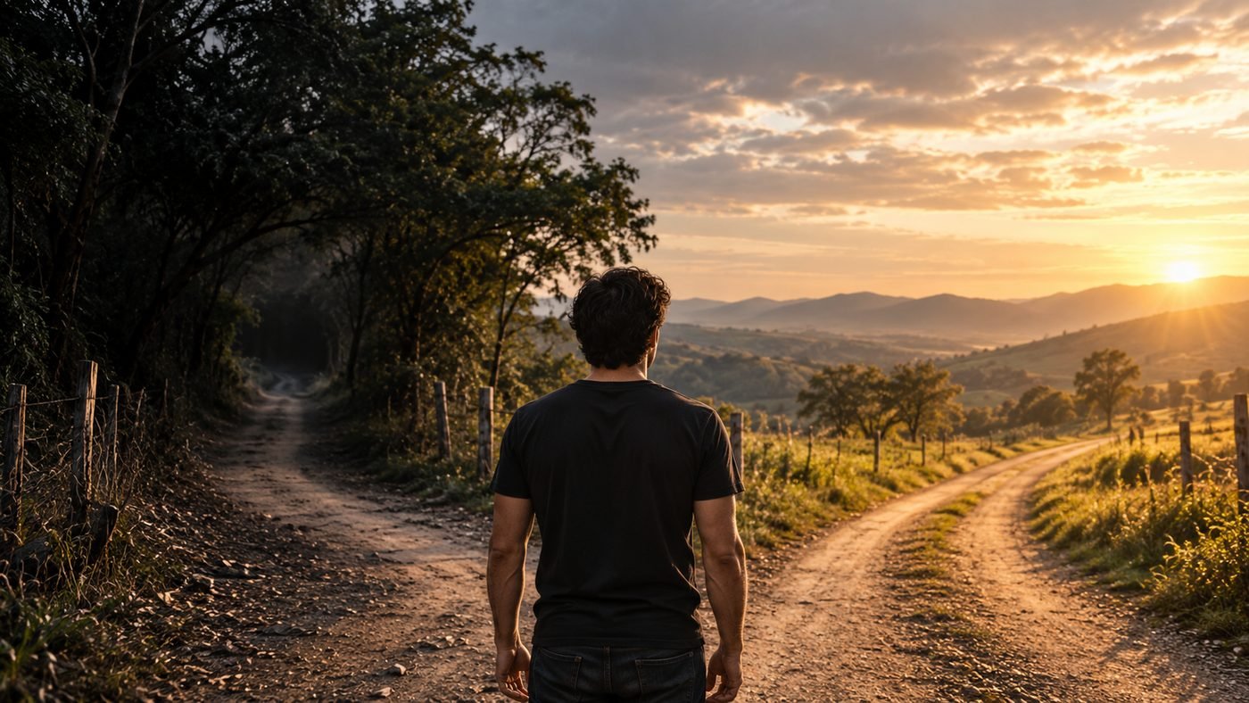 Homem de costas numa estrada de terra que se divide: um lado na mata escura e o outro na luz do fim da tarde.