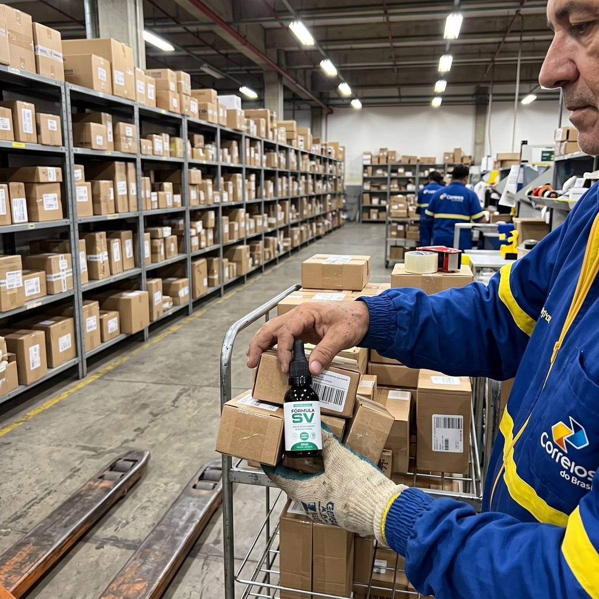 Funcionário dos Correios com um frasco da Fórmula SV no centro de distribuição.